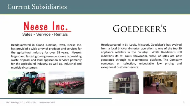 Company overview slide 9 from 1847 Holdings LLC