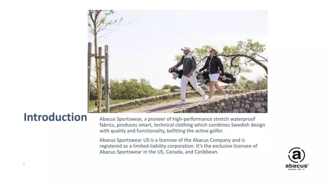 Company overview slide 3 from Abacus Sportswear US