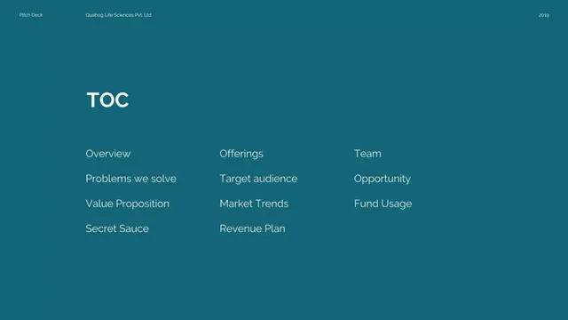 Agenda / contents slide 2 from Quahog Life Sciences Pvt. Ltd.