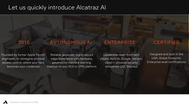 Company overview slide 3 from Alcatraz AI