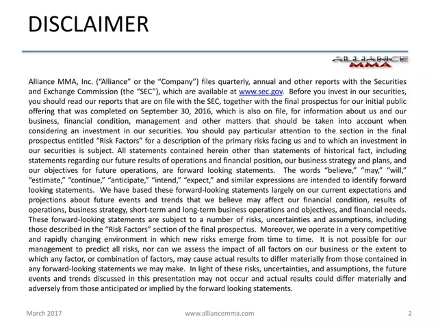 Disclaimer slide 2 from Alliance MMA, Inc.