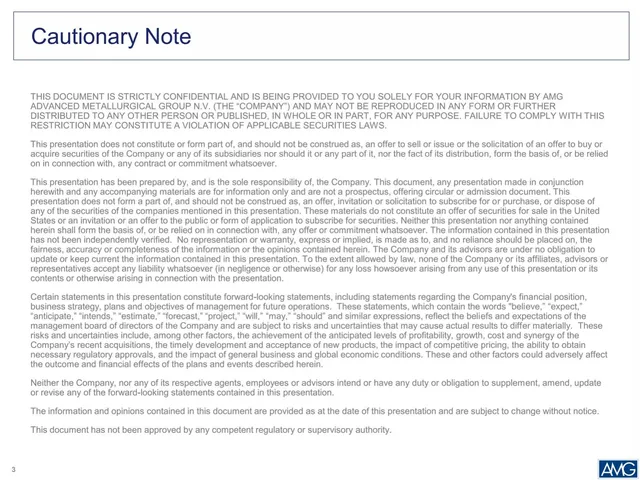 Disclaimer slide 3 from AMG Advanced Metallurgical Group N.V.