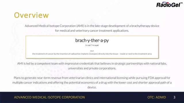 Company overview slide 3 from Advanced Medical Isotope Corporation (AMI)