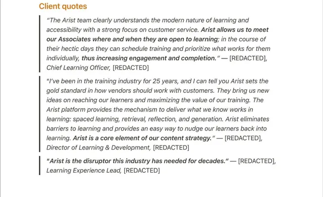 Reviews / testimonials / feedback slide 6 from Arist