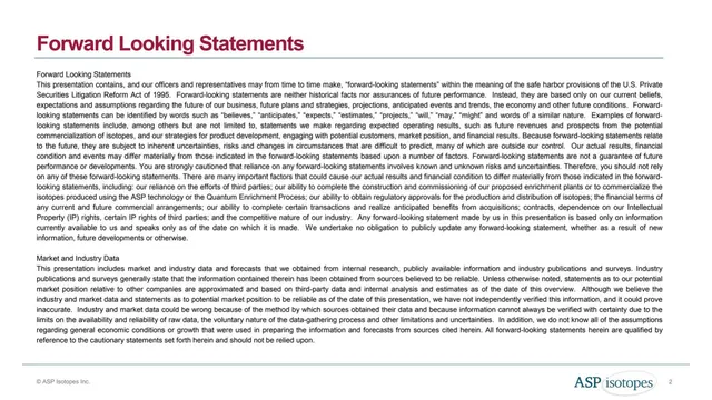 Disclaimer slide 2 from ASP Isotopes Inc.