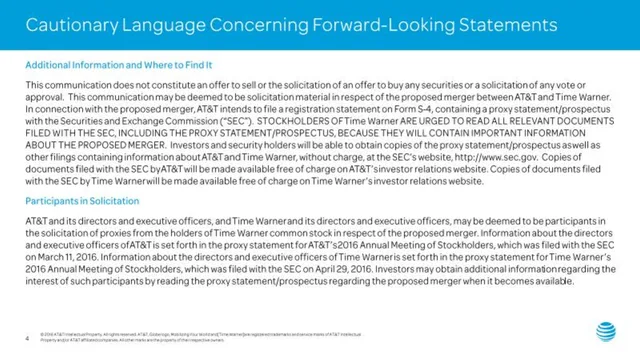 Disclaimer slide 4 from AT&T × Time Warner