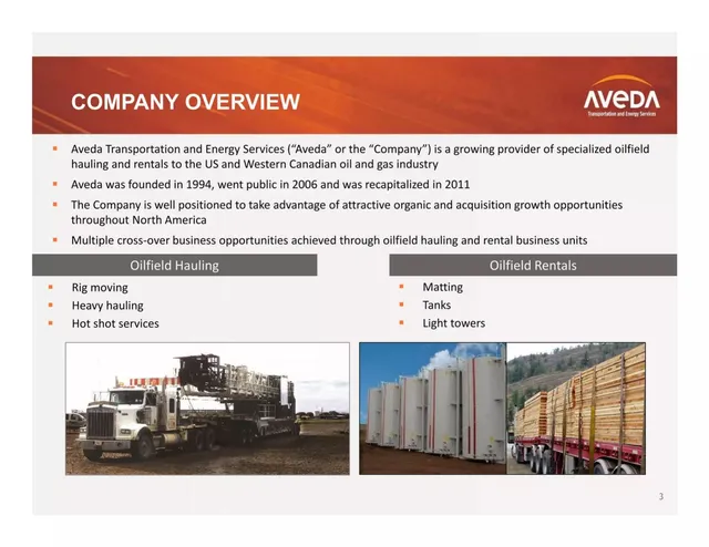 Company overview slide 3 from Aveda Transportation and Energy Services