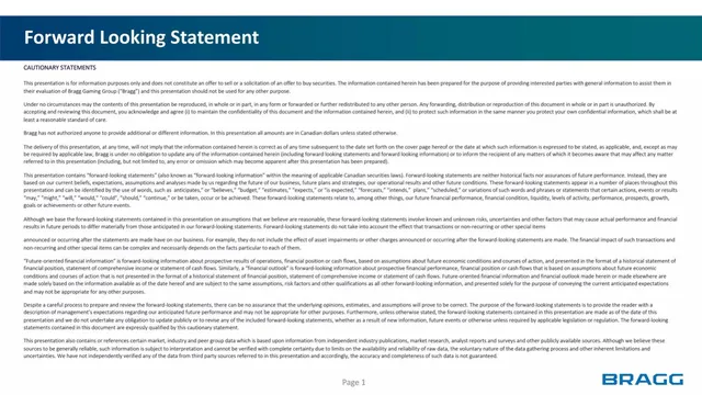 Disclaimer slide 2 from Bragg Gaming Group