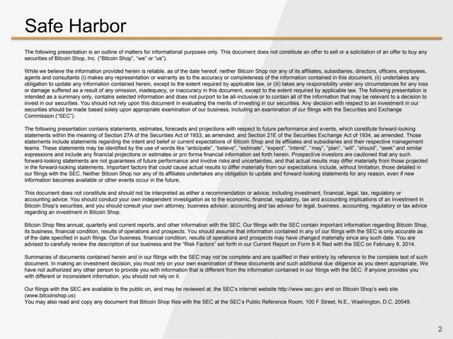 Disclaimer slide 2 from Bitcoin Shop, Inc. (now BTCS)
