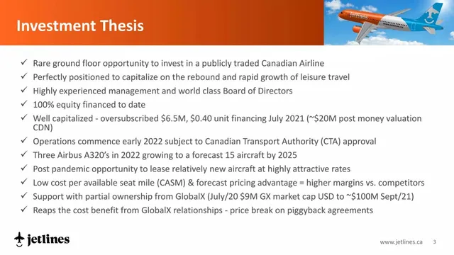 Ask & use of funds slide 3 from Canada Jetlines