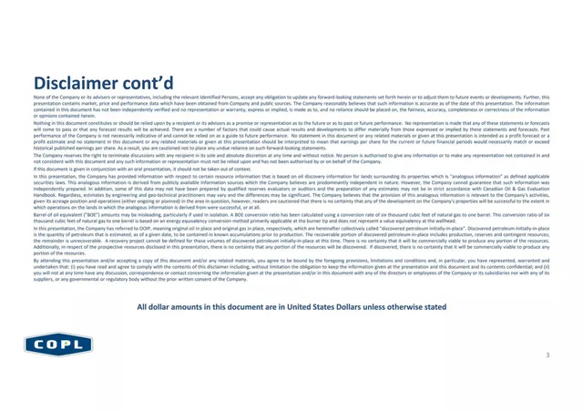 Disclaimer slide 3 from Canadian Overseas Petroleum Limited