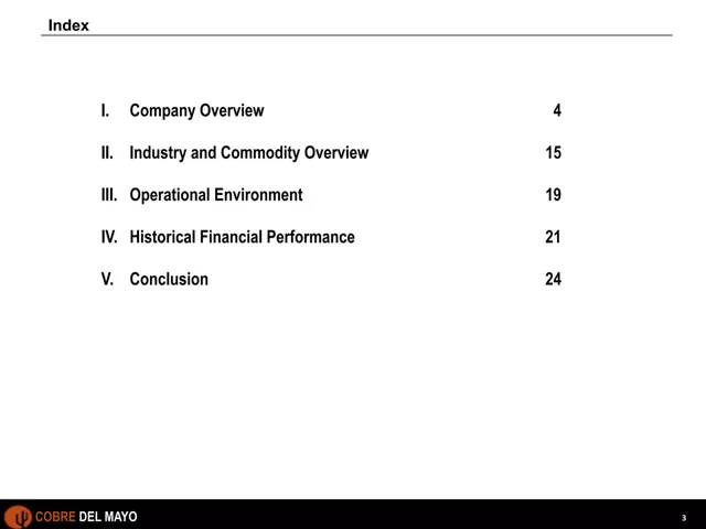 Agenda / contents slide 3 from Cobre del Mayo