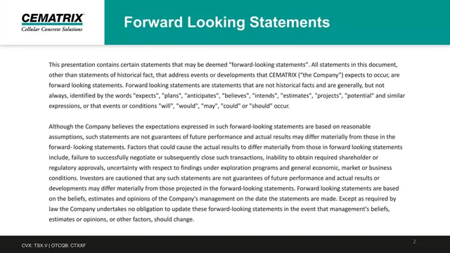 Disclaimer slide 2 from Cematrix