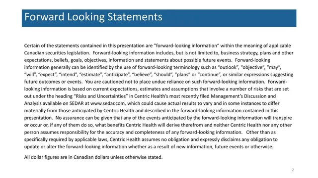 Disclaimer slide 2 from Centric Health Corporation