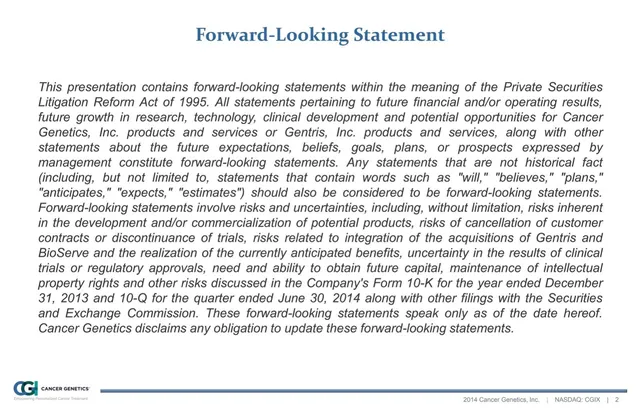 Disclaimer slide 2 from Cancer Genetics (CGIX)
