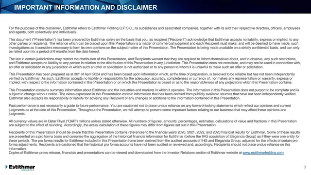 Disclaimer slide 3 from Estithmar Holding Q.P.S.C.