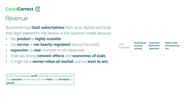 Business model / revenue streams slide 5 from CourtCorrect