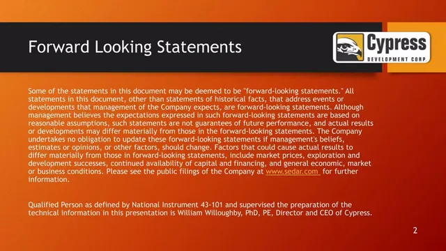 Disclaimer slide 2 from Cypress Development Corp.