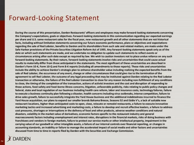 Disclaimer slide 2 from Darden Sale of Red Lobster