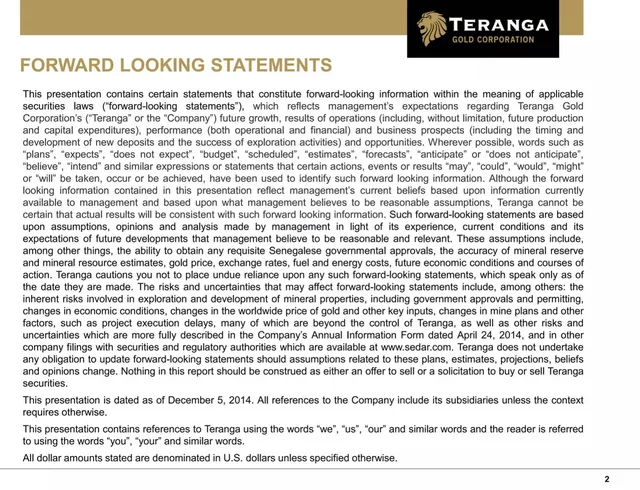 Disclaimer slide 2 from Teranga Gold Corporation