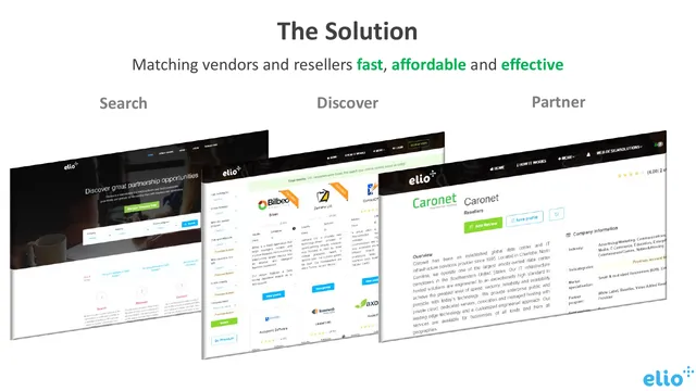 Product / solution slide 3 from Elioplus (branded 'elio', elioplus.com)