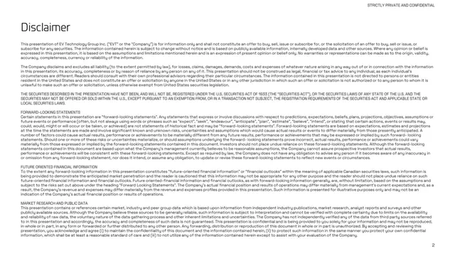 Disclaimer slide 2 from EV Technology Group