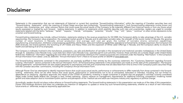 Disclaimer slide 2 from Flower One Holdings