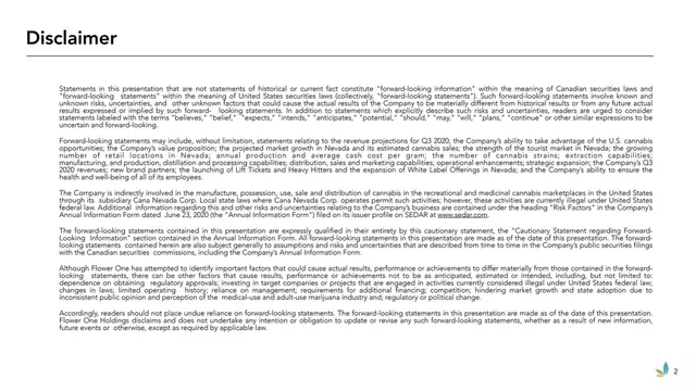 Disclaimer slide 2 from Flower One Holdings