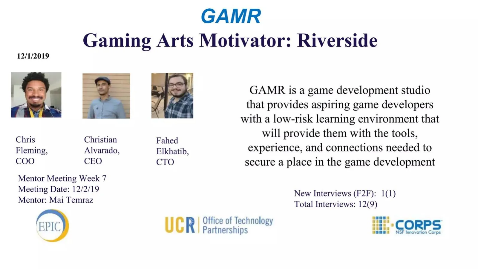 Gaming Arts Motivator: Riverside (GAMR) pitch deck slide