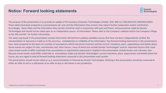 Disclaimer slide 2 from Genetic Technologies