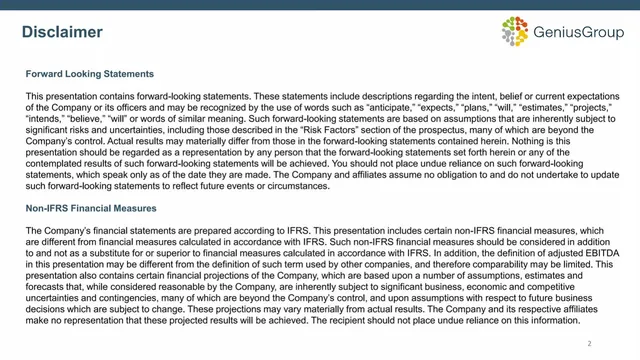 Disclaimer slide 2 from Genius Group