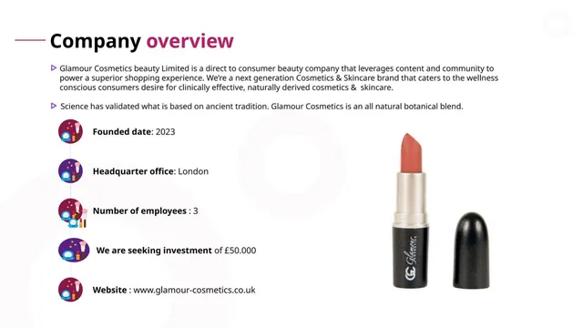 Company overview slide 3 from Glamour Cosmetics Beauty Limited