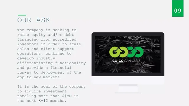 Ask & use of funds slide 10 from GO GO CANNABIZ