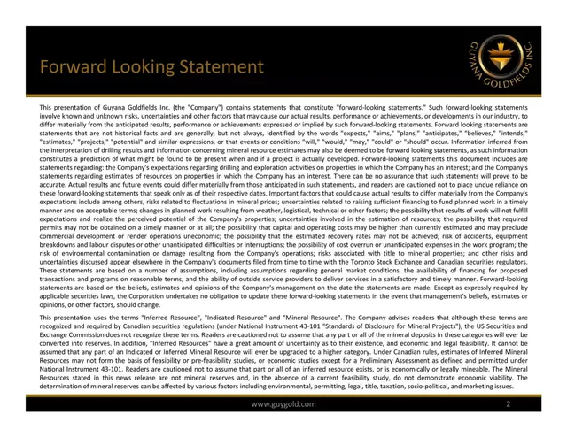 Disclaimer slide 2 from Guyana Goldfields