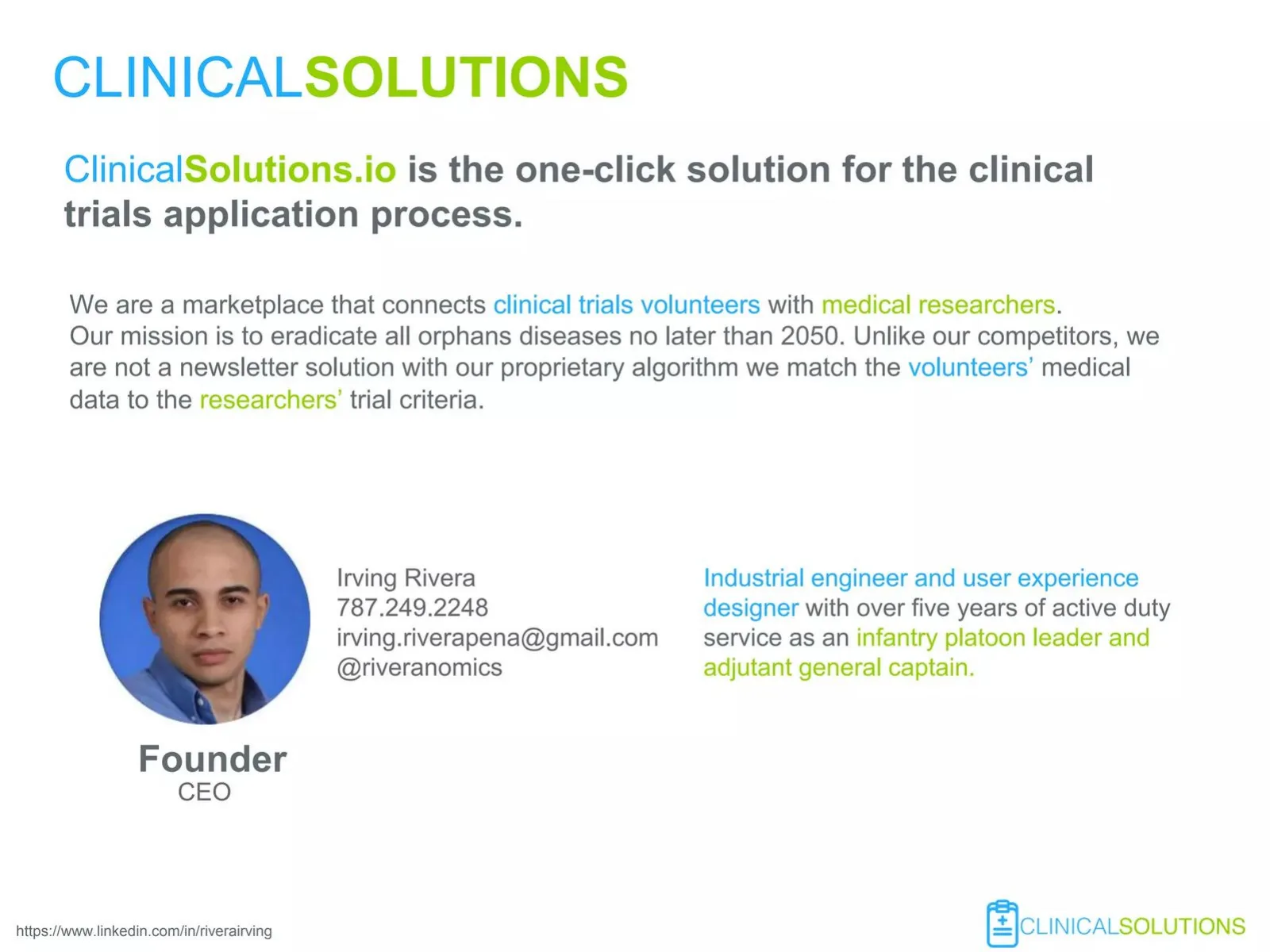 ClinicalSolutions (ClinicalSolutions.io) pitch deck slide