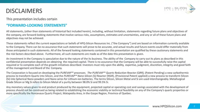 Disclaimer slide 2 from HPQ Silicon Resources