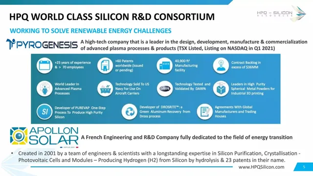 Company overview slide 5 from HPQ Silicon Resources