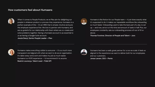Reviews / testimonials / feedback slide 6 from Humaans