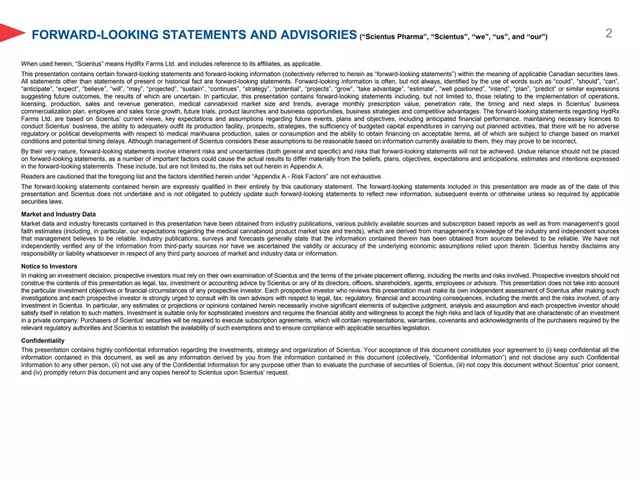 Disclaimer slide 2 from Hydrx Farms Ltd dba Scientus Pharma