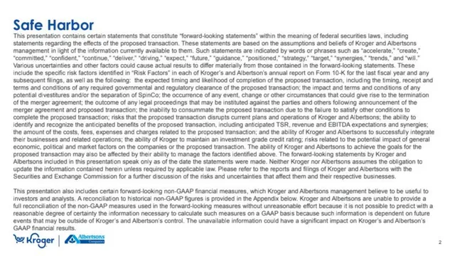 Disclaimer slide 2 from Kroger × Albertsons Acquisition