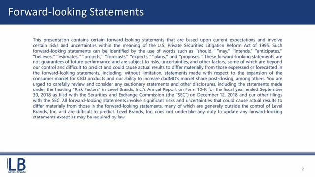 Disclaimer slide 2 from Level Brands (LEVB)