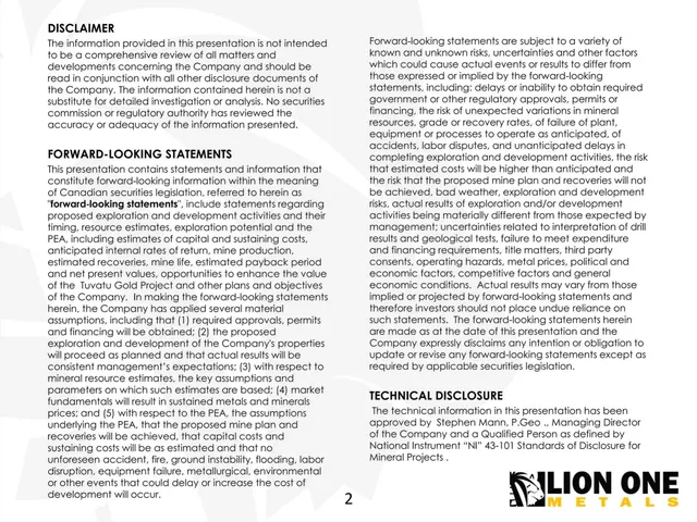 Disclaimer slide 2 from Lion One Metals