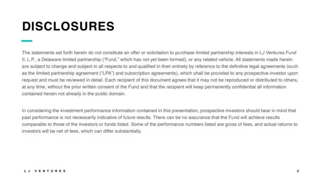 Disclaimer slide 2 from Long Journey Ventures Fund I