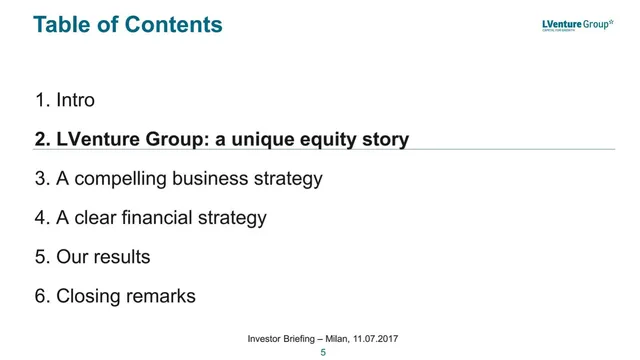 Agenda / contents slide 5 from LVenture Group