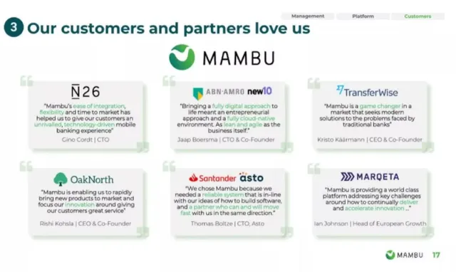 Reviews / testimonials / feedback slide 9 from Mambu