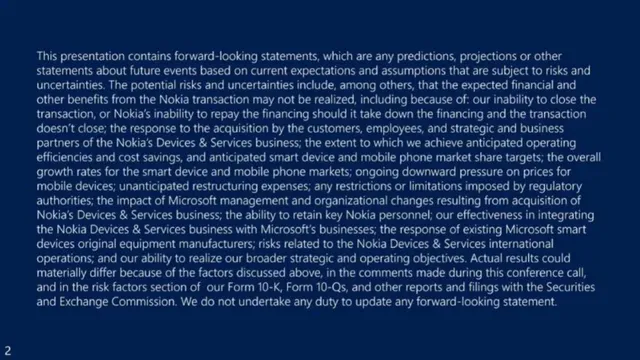 Disclaimer slide 2 from Microsoft × Nokia Acquisition
