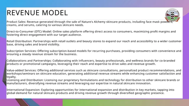 Business model / revenue streams slide 6 from Nature's Alchemy