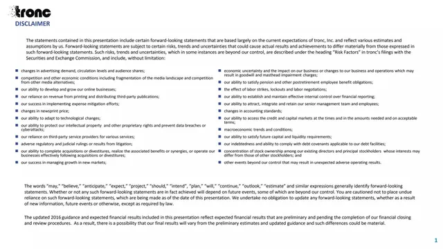 Disclaimer slide 2 from Noble (tronc / Tribune Publishing)