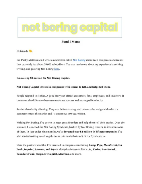 Not Boring Capital Fund I pitch deck cover