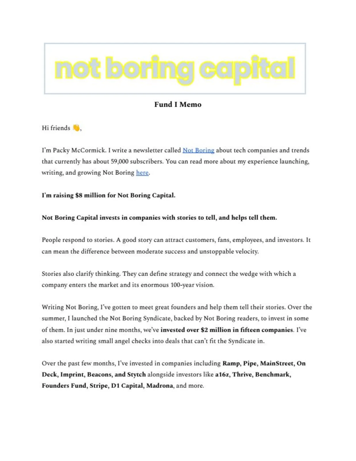Not Boring Capital Fund I pitch deck slide